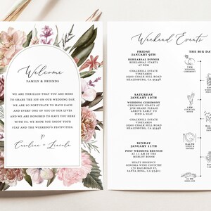 Welcome Letter and Itinerary Template, Boho Floral Wedding Schedule of Events, Welcome Bag Note, Order of Events, Timeline Template, GA22