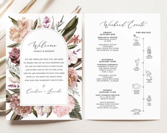 Lettre de bienvenue et modèle d'itinéraire, calendrier des événements de mariage floral Boho, note de sac de bienvenue, ordre des événements, modèle de chronologie, GA22
