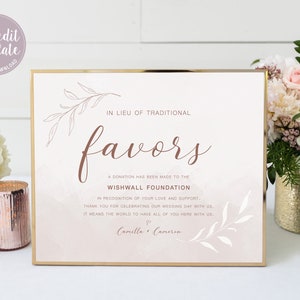In Lieu Of Favors Sign, Dusty Rose Pink Blush, Wedding Favours Sign, Printable Wedding Donation Sign, Charity Card, Editable Template, LL20
