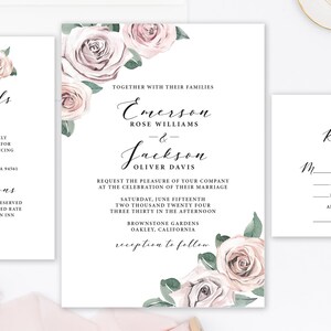 Floral Pale Pink Blush Wedding Invitation Suite, Editable Template, Printable Wedding Invites Elegant Pink Floral Rose, BB20
