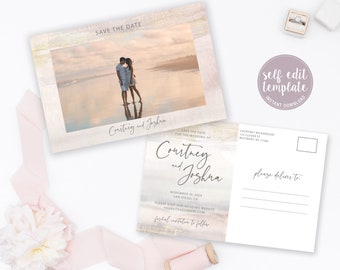Save The Date Postcard With PhotoTemplate, Beach Wedding, Watercolor Invitation, Save The Date With Photo, Picture Save The Date, GG20