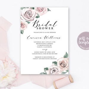 Bridal Shower Invitation Template, Bridal Brunch Invitation Template, Floral Blush Watercolor Shower Invitation, Editable Template, BB20