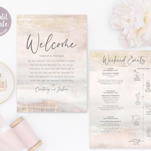 Wedding Welcome Letter Template, Gold and Pink Beach Wedding Weekend Itinerary Card, Wedding Timeline, Welcome Hotel Bag, GG20