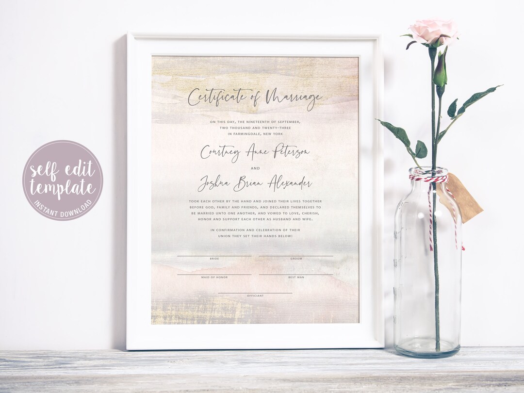 Printable Wedding Certificate, Certificate of Marriage Editable ...