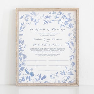 Blaue Blumen Heiratsurkunde Vorlage, Dusty Blue Floral Heiratsurkunde, druckbare Hochzeitsurkunde, Hochzeitsandenken, BW21