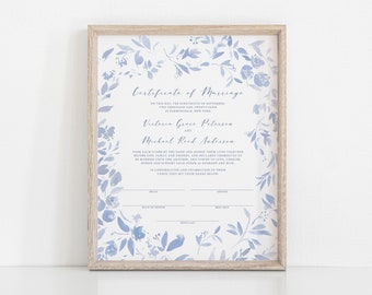 Blue Floral Marriage Certificate Template, Dusty Blue Floral Certificate of Marriage, Printable Wedding Certificate, Wedding Keepsake, BW21