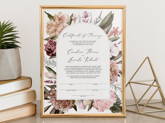 Boho Floral Wedding Certificate Template, Certificate of Marriage, Marriage Certificate, Wedding Keepsake, Editable Text, GA22