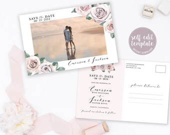 Save The Date Postcard With Photo Template, Floral Pink Blush Watercolor Postcard, Save The Date With Photo, Picture Save The Date, BB20