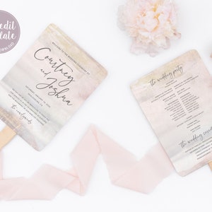 Wedding Program Fan Editable Template, Beach Wedding Watercolor, Printable Wedding Ceremony Fan Template, Pink Boho Blush, GG20
