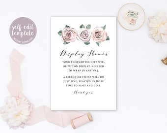 Display Bridal Shower Insert Card, Information Card, Custom Enclosure Card Insert, Printable, Editable Template, Floral Pink Blush, BB20