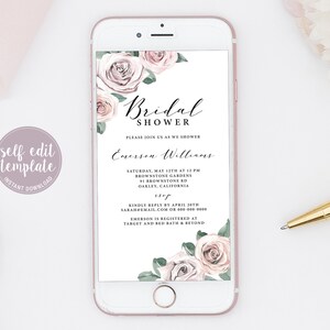 Electronic Bridal Shower Invitation, Digital Bridal Brunch Evite, Blushing Blooms Boho Watercolor Shower Invite, Instant Download, BB20
