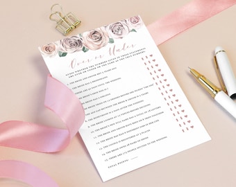 Over Or Under Editable Bridal Shower Game, Bridal Brunch Game, Editable Template, Printable Game, Floral Blush, BB20