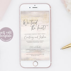 May include: A digital phone screen displaying a wedding announcement with a watercolor background. The text reads "We tied the knot!"  On September twentieth, twenty twenty, Courtrey and Joshra exchanged vows during a private ceremony in Southlake, Texas. Let's celebrate! Saturday, November 28th at 6:30 pm, Timarron Country Club, 140 Byron Nelson Pky, Southlake, TX. RSVP to Maria at maria@gmail.com.