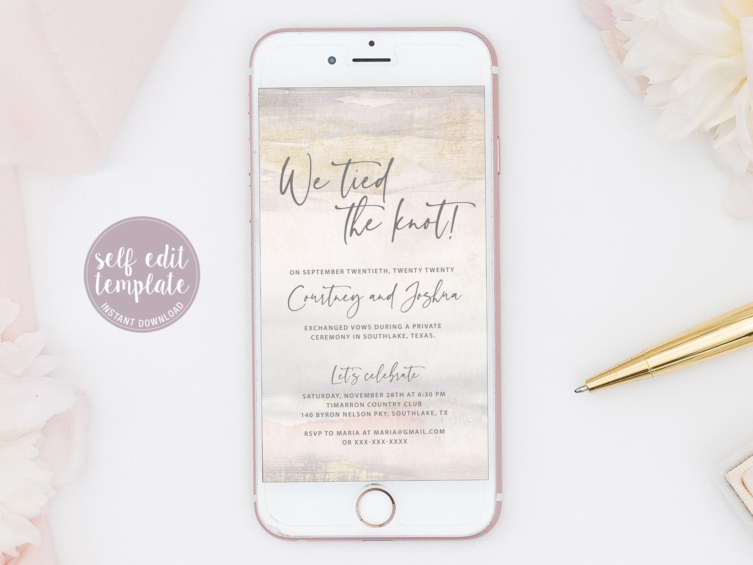 Digital Wedding Announcement Template, We Tied The Knot Announcement, Electronic Reception Party Text Message Invite, We Eloped Evite, GG20