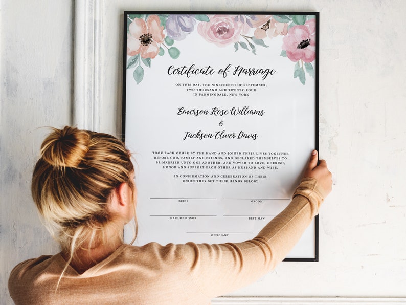 Floral Wedding Certificate Template, Certificate of Marriage, Floral Blush Pink Marriage Certificate, Officiant Gift, Wedding Keepsake, DP21 image 2