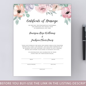 Floral Wedding Certificate Template, Certificate of Marriage, Floral Blush Pink Marriage Certificate, Officiant Gift, Wedding Keepsake, DP21 image 4