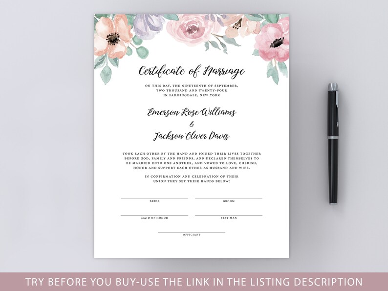 Floral Wedding Certificate Template, Certificate of Marriage, Floral Blush Pink Marriage Certificate, Officiant Gift, Wedding Keepsake, DP21 image 4