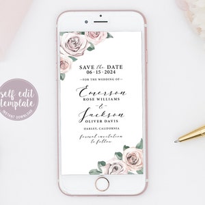 Electronic Save The Date Invitation, Blush Floral Watercolor Evite, Text Message Save The Date Invite, Phone Invite, Editable Template, BB20