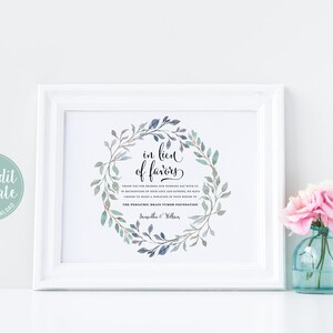 In Lieu Of Favors Sign, Editable Template, Greenery Wreath, Printable Donation Wedding Sign, Instead of Favors, Charity Card, LW13