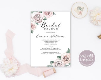 Brautbrunch-Einladung, Brautparty-Einladung, druckbare Brautbrunch-Vorlage, sofortiger Download, rosa Blumen erröten, BB20