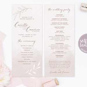 Wedding Program Template, Ceremony Program, Leaves Dusty Rose Blush, Printable Wedding Program, Editable Template, Digital Download, LL20