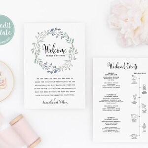 Wedding Welcome Letter & Wedding Timeline Template, Greenery Wreath, Wedding Weekend Order Of Events Card, Wedding Welcome Bag, LW13