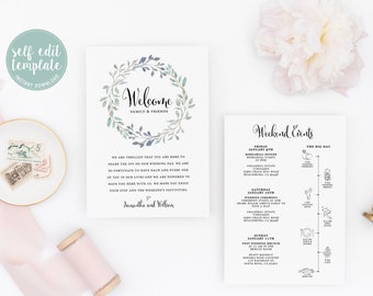 Wedding Welcome Letter & Wedding Timeline Template, Greenery Wreath, Wedding Weekend Order Of Events Card, Wedding Welcome Bag, LW13