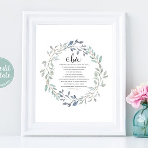 Liefde is geduldig, liefde is vriendelijk tekensjabloon, 1 Korintiërs 13 4-8 Bijbelvers Art Print, groenkrans, afdrukbaar bruiloftsteken, LW13