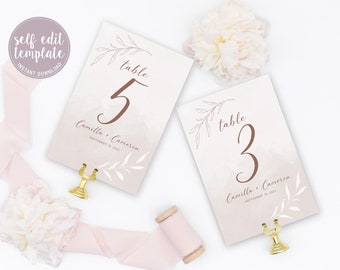 Table Number Template, Luxe Leaves Dusty Rose Blush, Printable Wedding Table Numbers, Editable Banquet Numbers, Digital Download, LL20