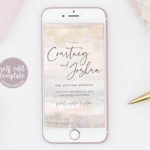 Electronic Save The Date Template, Beach Save The Date Watercolor, Pink and Gold, Text Message Save The Date Evite, Editable Template, GG20