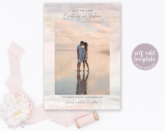 Photo Save The Date Card, Watercolor Invite, Beach Wedding Invitation, Save The Date With Photo, Editable Template, Instant Download, GG20