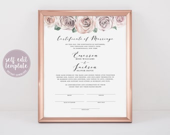 Wedding Certificate, Certificate of Marriage, Editable Template, Marriage Certificate, Wedding Keepsake, Printable, Blushing Blooms, BB20