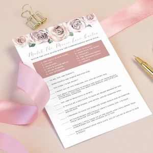 Match The Movie Love Quotes Jogo de chá de panela, modelo editável, jogo de brunch de noiva, download instantâneo, para impressão, blush floral, BB20