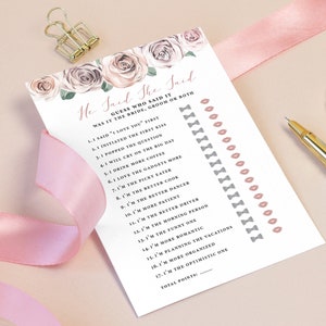 He Said She Said Bridal Shower Game, Who Knows The Bride Best Bridal Brunch Game, Editable Template, Printable Game, Floral Blush, BB20