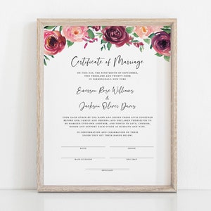 Floral Wedding Certificate Template, Certificate of Marriage, Burgundy Red Blush Floral Marriage Certificate, Wedding Keepsake, RF21