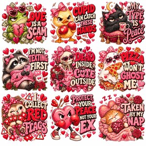 Könnte beinhalten: Eine Sammlung von neun quadratischen Aufklebern mit Zeichentrickfiguren wie einem Frosch, Küken, Katze, Waschbär, Skelett, Geist, Igel, Herz und Kätzchen, verziert mit rosa und roten Herzen, Schleifen und Texten zum Valentinstag.