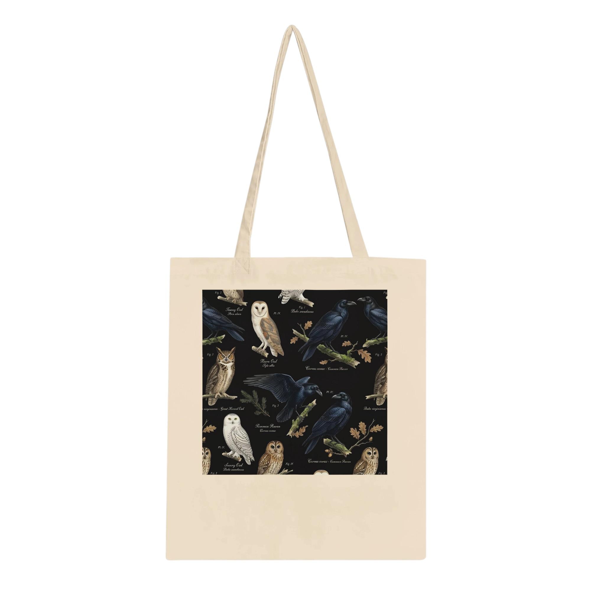 Owls and Ravens Tote Bag Dark Academia, Bird Cotton Tote, Ornithology Canvas Shopping Bag, Gothic Gi