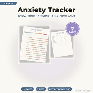 May include: A digital Anxiety Tracker PDF set featuring seven pages, including a Yearly Pixels chart with colourful squares and a Coping Toolbox checklist. The text reads Anxiety Tracker, Know Your Patterns, Find Your Calm, and 7 Pages.