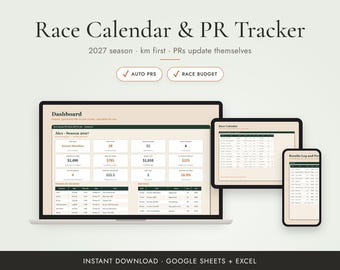 Running Planner 2027, Race Calendar and PR Tracker Spreadsheet, Google Sheets and Excel