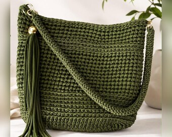 Bolso de ganchillo verde oliva, bolso de hombro tejido a mano con correa, bolsa tejida verde oliva, hecho a medida