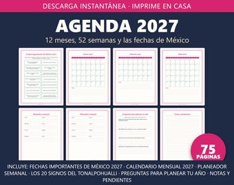 Agenda 2027 Imprimible en Español, Planificador 2027 Semanal y Mensual, Calendario 2027 con Fechas de México, Spanish Planner PDF