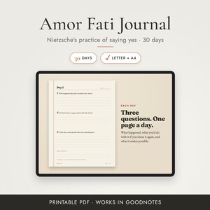 Amor Fati Journal, Nietzsche Philosophy Prompts, 30-Day Printable Mindset Journal PDF