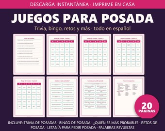 Juegos para Posada Imprimibles, Juegos Navideños en Español, Bingo de Posada, Trivia, Retos, Spanish Christmas Party Games PDF