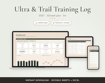 Planificador de carreras 2027, hoja de cálculo para el registro de entrenamiento de ultramaratones y trail en km, Google Sheets