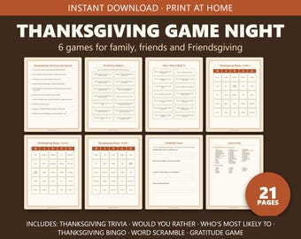Paquete de juegos imprimibles de Acción de Gracias, Trivia de Acción de Gracias, ¿Qué prefieres?, Bingo, Más probable que, Juegos para fiestas familiares de Acción de Gracias con amigos