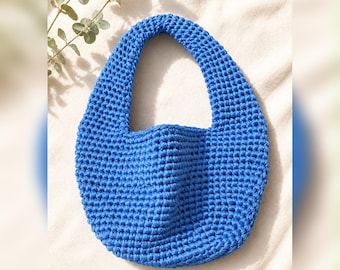 Bolso hobo de crochet azul cobalto, bolso cubo hecho a mano, bolso de hombro de punto holgado, bolsa azul tejida, hecho a pedido