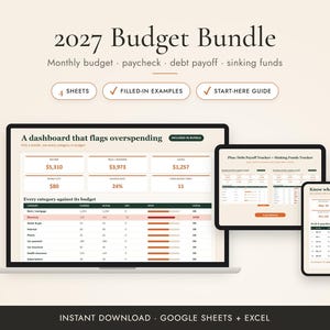 Budgetplaner-Paket 2027, Monatsbudget, Gehaltsabrechnung, Schuldenabbau und Rücklagen-Tabellen, Google Sheets und Excel