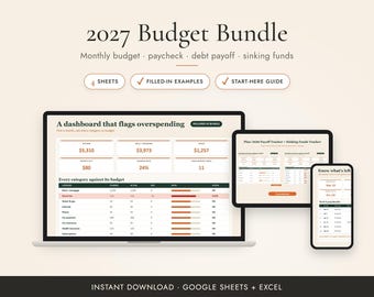 Paquete de planificación presupuestaria 2027, hojas de cálculo para presupuesto mensual, nómina, pago de deudas y fondos de reserva, Google Sheets y Excel.