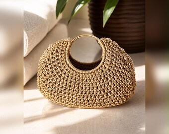 Bolso de noche de crochet dorado con asa de anillo de metal, bolso de mano tejido a mano, bolsa dorada tejida, hecho a pedido en México