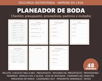Planeador de Boda Imprimible en Español, Agenda de Boda PDF, Checklist Boda, Presupuesto, Padrinos, Spanish Wedding Planner